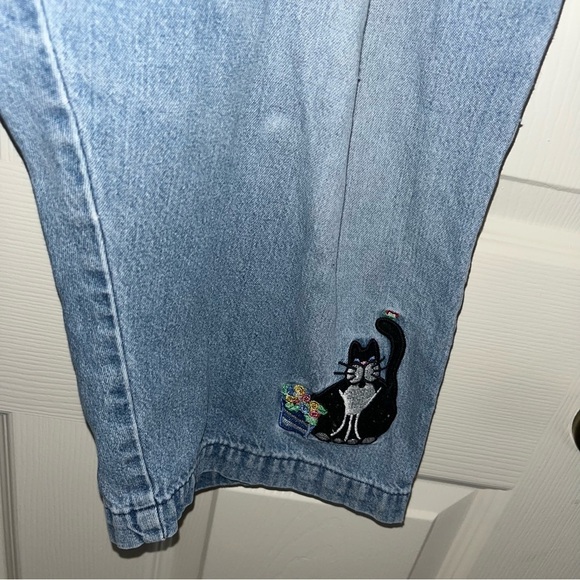 Vintage Cat Embroidered Blue Denim Pants Jeans KT Sport 31” M cropped retro - Picture 4 of 8